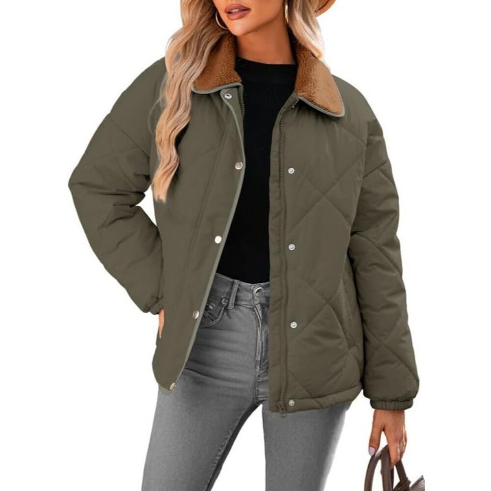 Women's Moss Green Puffer Jackets Coats Long Sleeve Winter Warm Button Outerwear